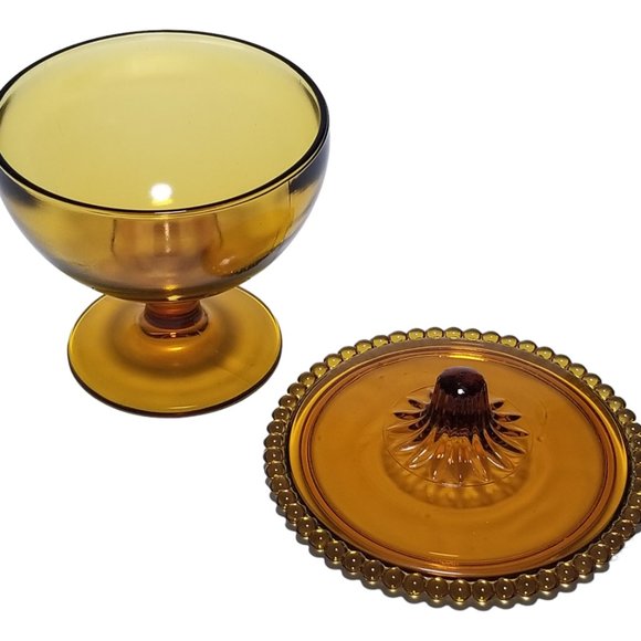 Retro Candlewick Serving Bowl Lidded Footed Amber Candy Dish Indiana Glass 1960s - Picture 2 of 7